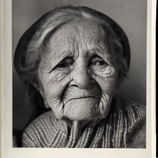 Prompt: a black and white grainy photograph in sepia tone of an old woman with a deeply lined face