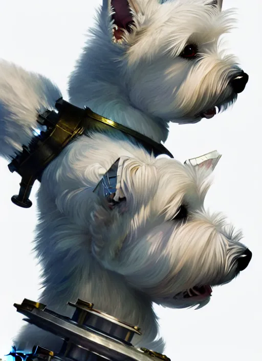 Image similar to a west highland white terrier, anime art style, wearing futuristic, led - lit armor, and a cannon mounted on his back, portrait, high detail, sharp focus, digital painting, artstation, concept art, art by hayao miyazaki and artgerm and greg rutkowski and alphonse mucha.