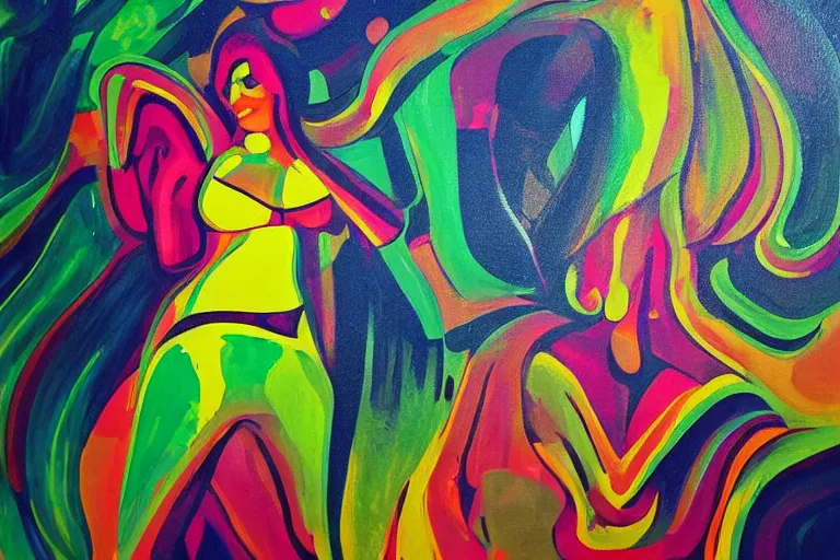 Image similar to painting of curvy sweating woman dancing in a club in the 70's by Johannes Grutzke