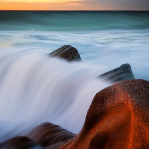 Prompt: long exposure shot of waves crashing against a cliff at sunset
