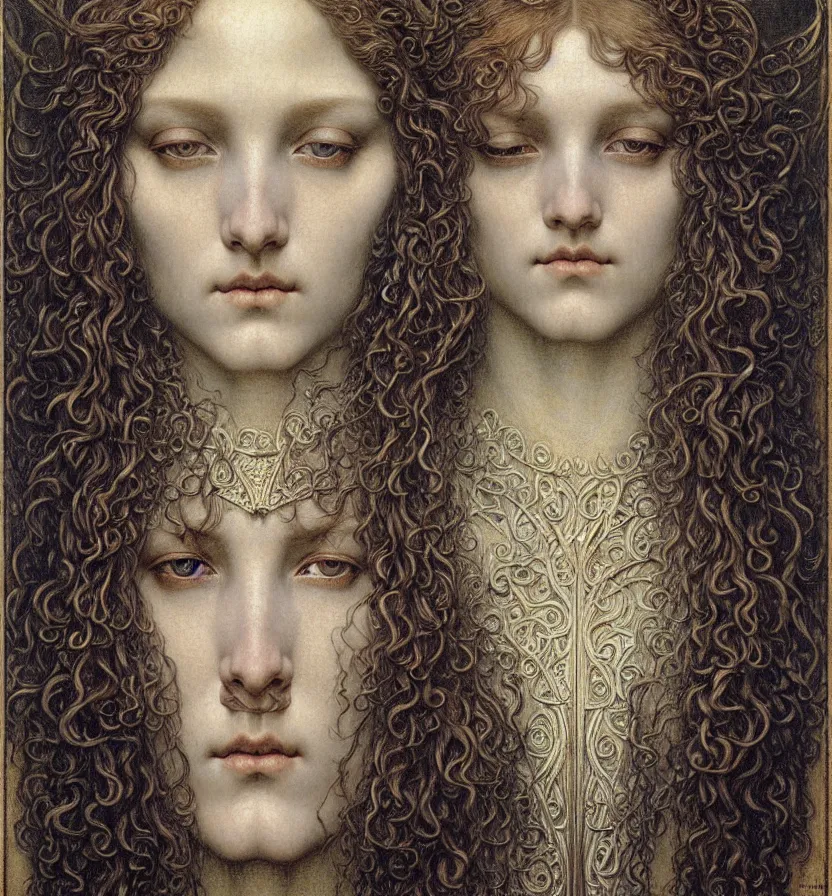 Image similar to detailed realistic beautiful young medieval queen face portrait by jean delville, gustave dore and marco mazzoni, art nouveau, symbolist, visionary, gothic, pre - raphaelite. horizontal symmetry