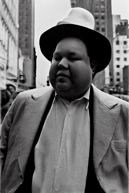 Image similar to close-up film photography 1970s, portrait of fat man in white hat, New York City, soft light, 35mm, film photo, Joel Meyerowitz