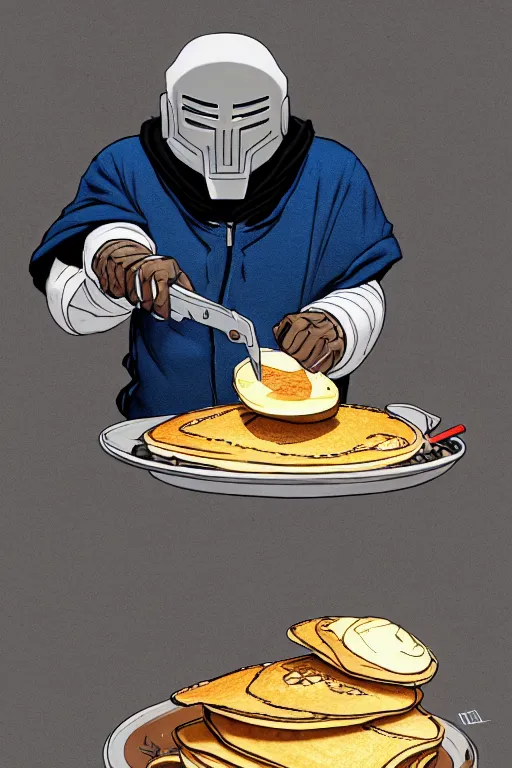 Image similar to mf doom making pancakes, animation pixar style, by pendleton ward, magali villeneuve, artgerm, rob rey and kentaro miura style, golden ratio, trending on art station