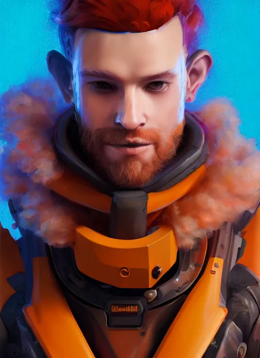 Prompt: cyberpunk portrait of curly orange hair man from overwatch 2, au naturel, hyper detailed, digital art, trending in artstation, cinematic lighting, studio quality, smooth render, unreal engine 5 rendered, octane rendered, art style by klimt and nixeu and ian sprigger and wlop and krenz cushart.