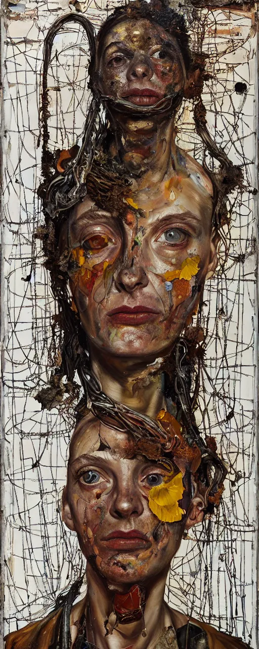 Image similar to a full length portrait of a very ordinary young woman with a distracted expression, Anselm Kiefer and Lucian Freud and Jenny Saville, oil painting, rust, Scaffolding, rusted metal and sunflowers, iron cladding, decay, mixed media, textured, anatomically correct, beautiful perfect face, visible brushstrokes, sharp focus, twisted wire, Highly Detailed, nails, photographic emulsion cracked and peeling, Cinematic Lighting, 8k, HD