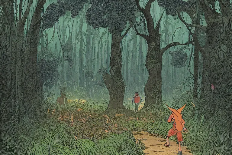 Image similar to a young boy entering a huge mysterious and fantasy forest with a cthuluh monster in a distant clearing, large openpath, mushrooms, lush exotic vegetation, very graphic illustration by jean giraud and victo ngai, ultradetailed, clean line, color comics style, dynamic lighting, night