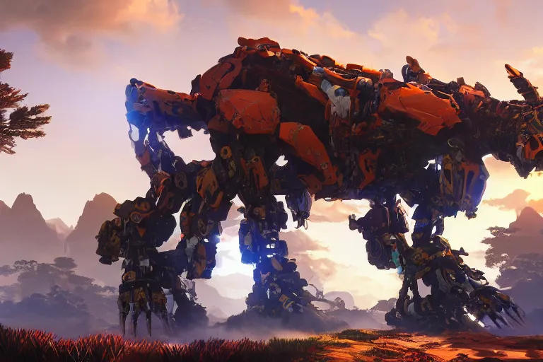 Image similar to scorcher machine mecha animal beast robot of horizon forbidden west horizon zero dawn bioluminiscence global illumination ray tracing hdr fanart arstation by sung choi and eric pfeiffer and gabriel garza and casper konefal