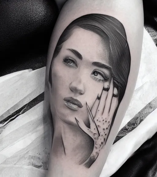 Image similar to a beautiful woman against a background of beautiful mountains and nature, realism tattoo design, in the style of den yakovlev, black and white, hyper realistic, highly detailed