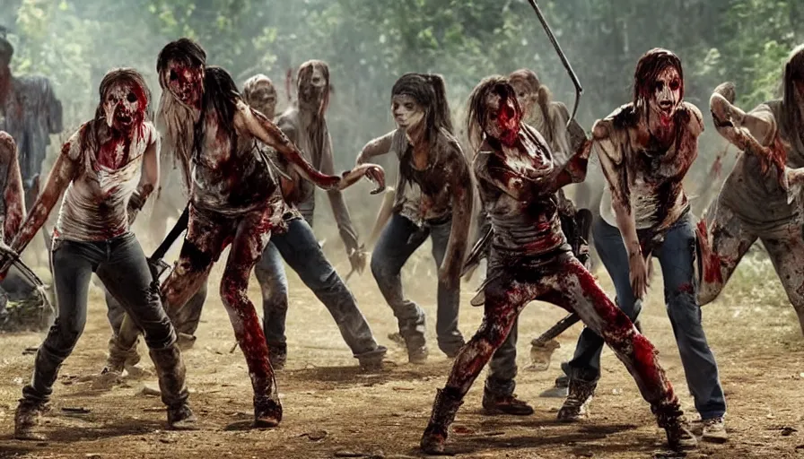 Image similar to full - body action shot of a well - armed female with tattered, blood - soaked clothing, using a sword to fight a horde of the walking dead, in the style of ready player one