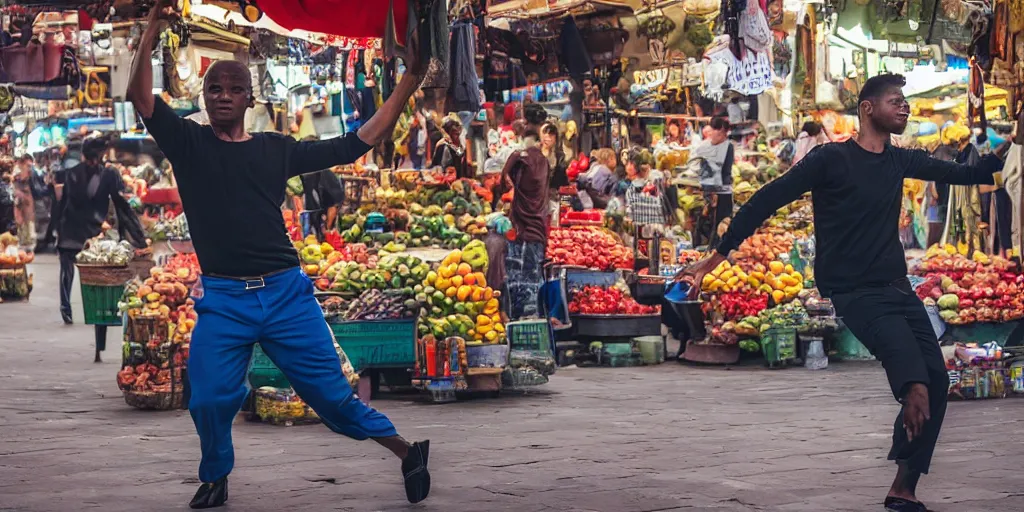 Prompt: the man caught on camera dances in the market, highly detailed, 8 k, masterpiece, super resolution.