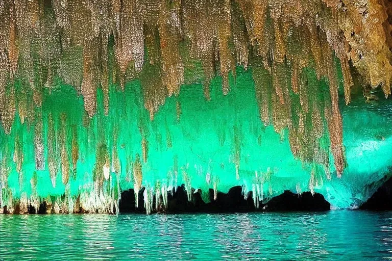 Image similar to an emerald cave inside which is a transparent lake at the bottom of which are sparkling diamonds, and on the shore of the lake are gold nuggets