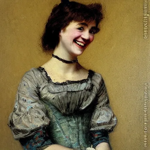 Image similar to young victorian lady laughing, painted by alfred stevens