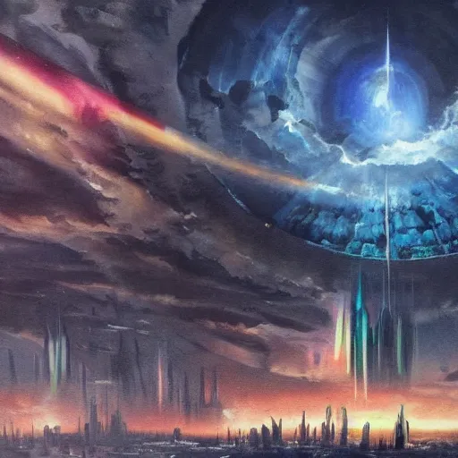 Prompt: A painting of the downfall of a futuristic city, ominous, futurustic, apocalypse, matte painting, oil painting, art, watercolour, astral, evil, hellish, aurora