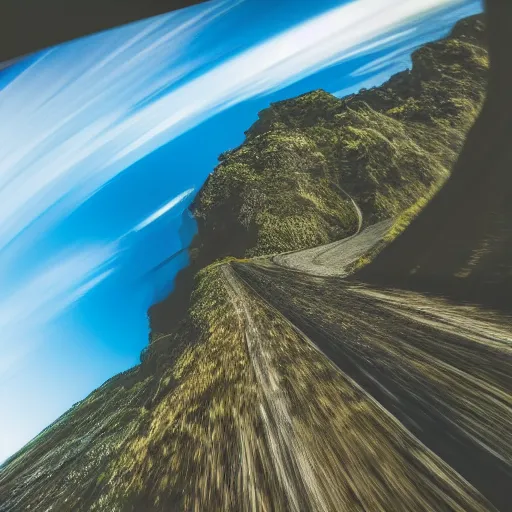 Prompt: a frame of a gopro video of a magnificent landscape, motion blur, action shot