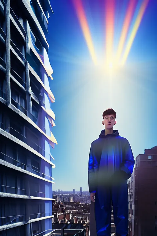 Prompt: un ultra high definition studio quality photographic art portrait of a young man standing on the rooftop of a british apartment building wearing soft inflatable padded iridescent fresnel refractive clothing. three point light. extremely detailed. golden ratio, ray tracing, volumetric light, shallow depth of field. set dressed.