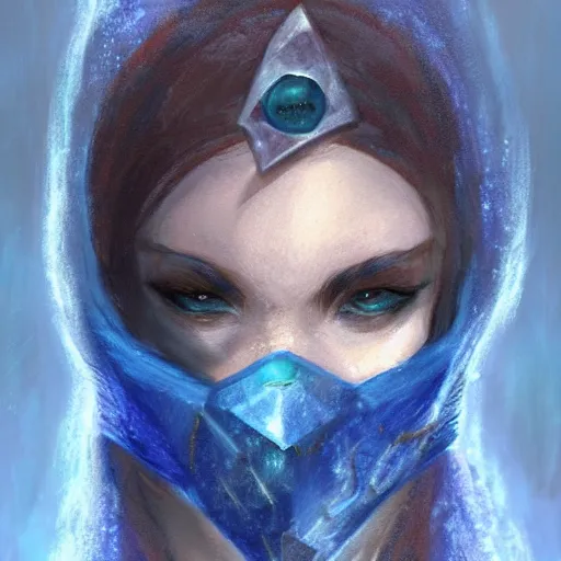 Prompt: bandit from ‘ icewind dale ’, with a frost blue gem mask lined with copper, ‘ icewind dale 2 ’ profile portrait by ‘ justin sweet ’, falling snow, soft focus, illustration, oil paint, artstation