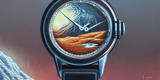 Image similar to painting hyperdetailed watch face by dan seagrave and tomasz alen kopera and simon stahlenhag