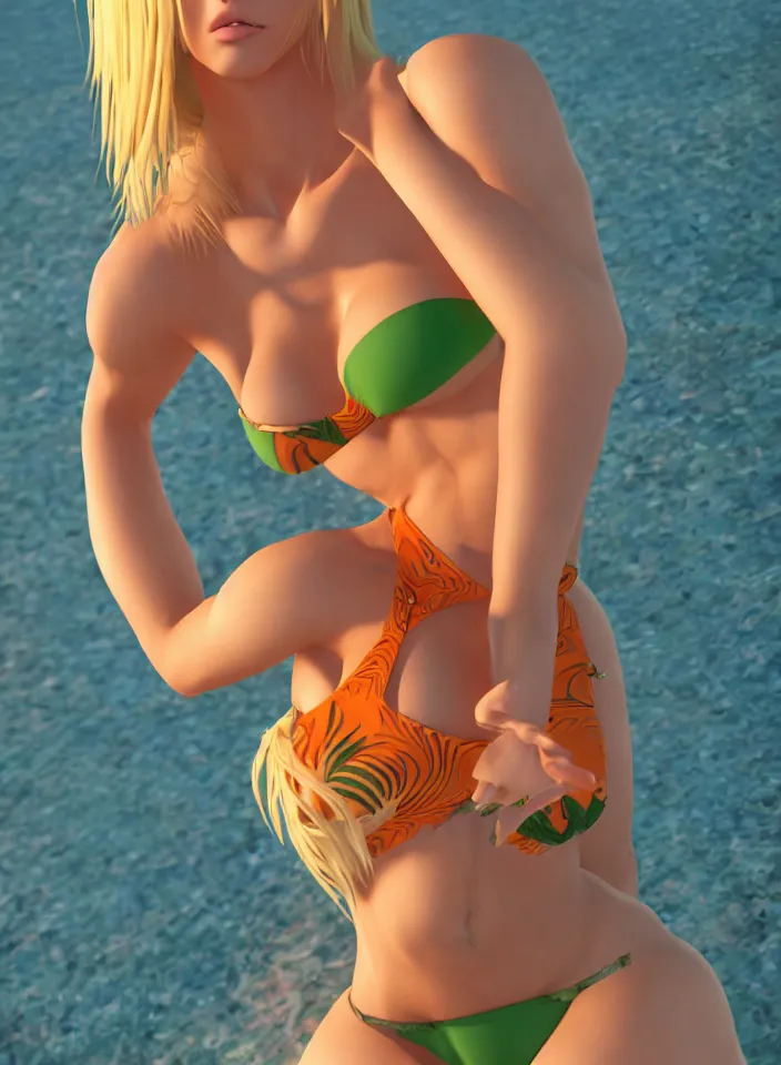 Image similar to beautiful blond woman in orange tribal bikini, blond hair pulled back off the face, green eyes, by makoto shinkai, 8 k, high resolution render, cinematic, unreal engine, clean lineart and flat color,