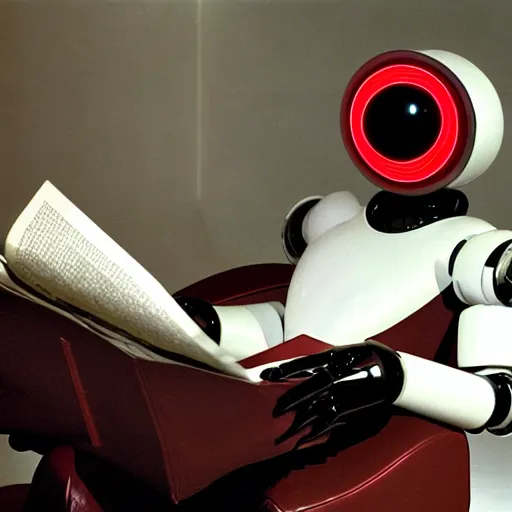 Image similar to Against a white cyc (white cyclorama backdrop) futuristic studious matte brown and red and chrome full-body humanoid robot with two huge round expressive sad purple glowing LED eyes and open rectangular mouth sitting on a large comfortable cushioned 1950s vintage recliner reading a newspaper. open newspaper. full shot Cinematic Movie Photograph, Arri Alexa, Extremely Detailed, smooth, very very clean, white cyc, white background, 8K, octane render, maya render, unreal engine, trending on artstation, DSLR, excellent composition, center frame