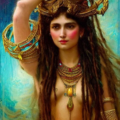 Image similar to artstation, intricate detail, portrait by gaston bussiere, tan skin, lady of elche, egyptian sumerian features, techno mystic dominatrix goddess princess intergalactica inanna with aqua neon rapunzel dreadlocks,