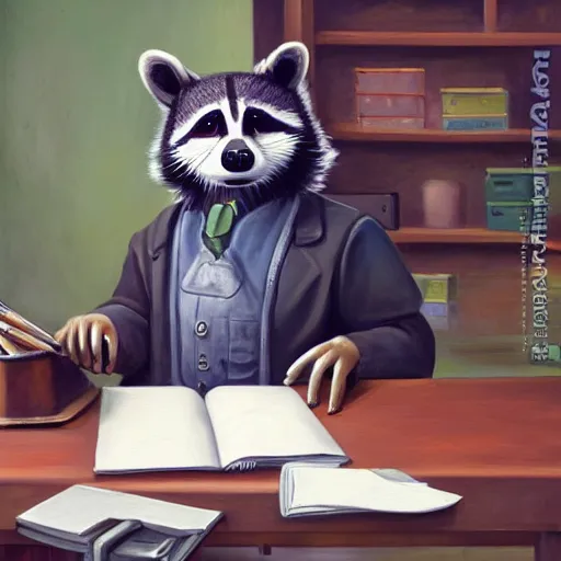 Prompt: anthropomorphic Raccoon artificer working at a desk, wearing traditional clothes, oil painting