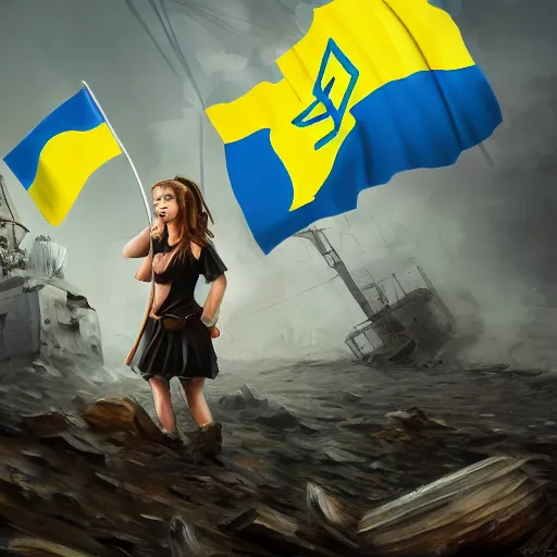 Image similar to ukrainian girls with ukrainian flag near big ruined warship, happy, concept art, trending on artstation, highly detailed, intricate, sharp focus, digital art, 8 k