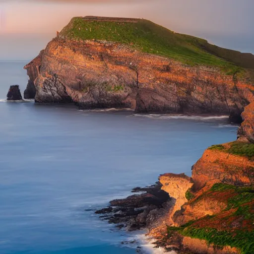 Prompt: micro - hurricane, blue hour, early night, deep blue atmosphere, low light, black and blue sky, sundown, scattered islands, sea, ocean, low pressure system, cloud with eye, very windy, late evening, distant hotel retreat on cliffside, shining lights on cliff side, polaroid photograph