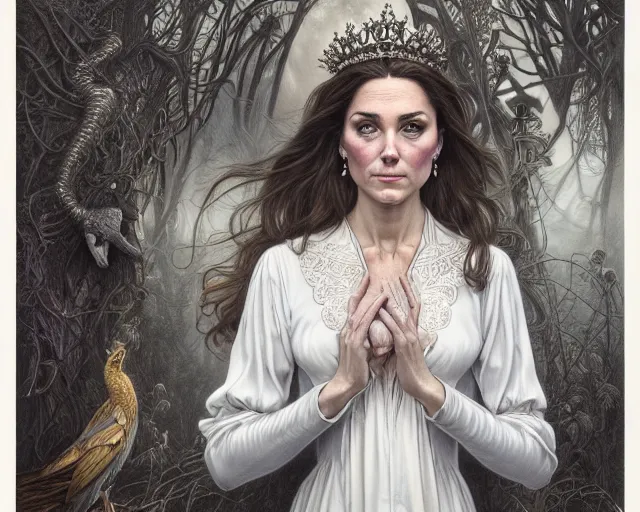 Image similar to photography of laurie lipton, deep focus, d & d, fantasy, intricate, elegant, highly detailed, digital painting, artstation, concept art, matte, sharp focus, illustration, kate middleton, art by artgerm and greg rutkowski and alphonse mucha