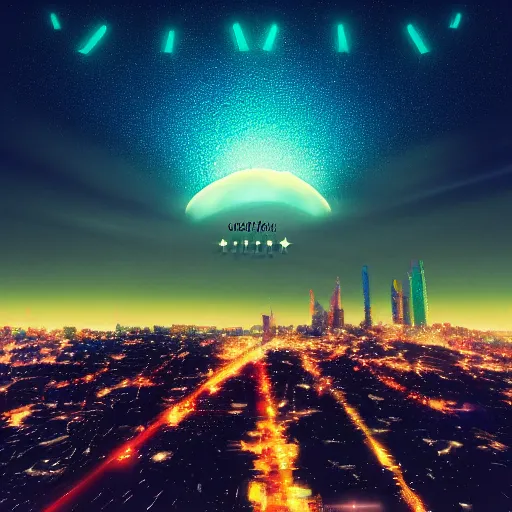 Image similar to comet over city, night sky, synthwave, trending on artstation