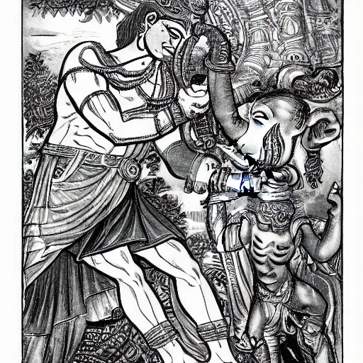 Prompt: comic book illustration of a muscular lord shiva removing the head of his son ganesha, holding an elephant head on his hand