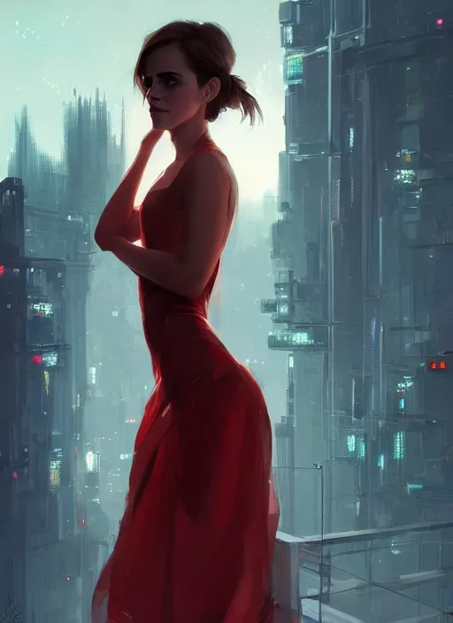 Prompt: a digital painting of Emma Watson wearing a cyberpunk red dress, by netter, style from greg rutkowski, beautiful eyes, full frame, oil painting, featured on artstation, concept art, smooth, sharp focus, illustration, very detailed, ambient lighting, unreal engine render, concept art by Atey Ghailan, by Loish, by Bryan Lee O'Malley