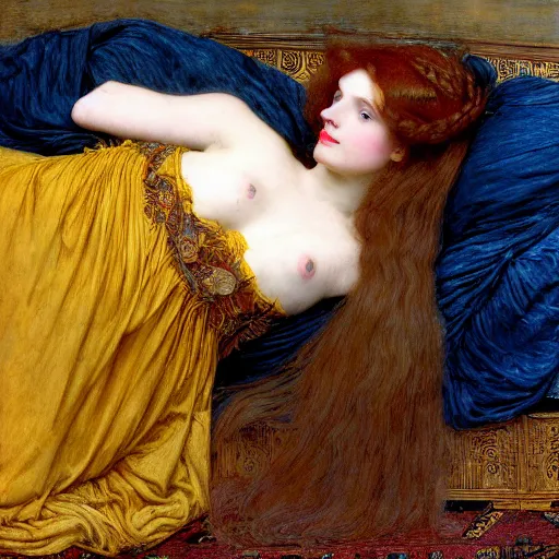 Image similar to preraphaelite photography reclining on bed, a hybrid of judy garland and a hybrid of madame de stael and eleanor of aquitaine, aged 2 5, big brown fringe, yellow ochre ornate medieval dress, john william waterhouse, kilian eng, rosetti, john everett millais, william holman hunt, william morris, 4 k