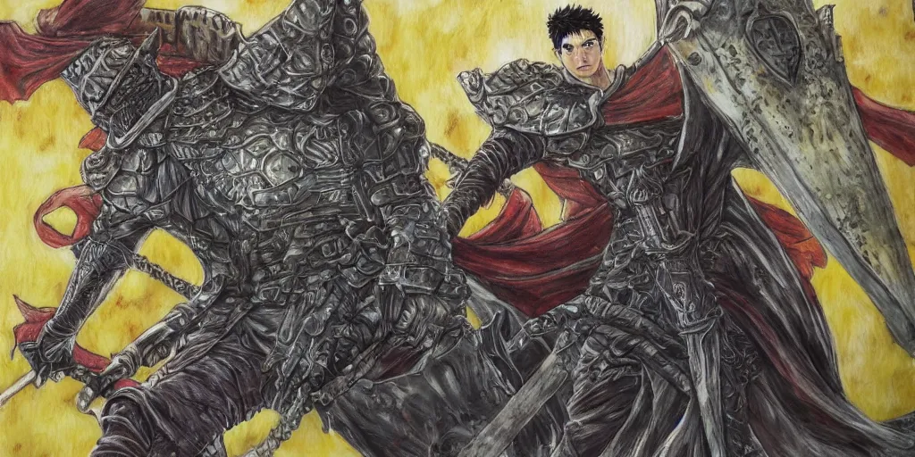Prompt: guts with one arm, greatsword, detailed face, high detail, castle background, colourful, by kentaro miura