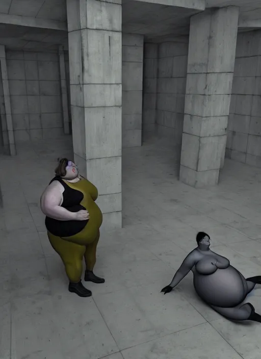 Image similar to fat womanand special forces entwined floating inside a brutalist space, gothic, by francis bacon, adrian ginn, james ginn, petra courtright, jenny saville, part gerhard richter, masterpiece. rendered in blender, ultra realistic, smooth shadows, ultra detail, high resolution, cinematic unreal 6, 8 k 3 d