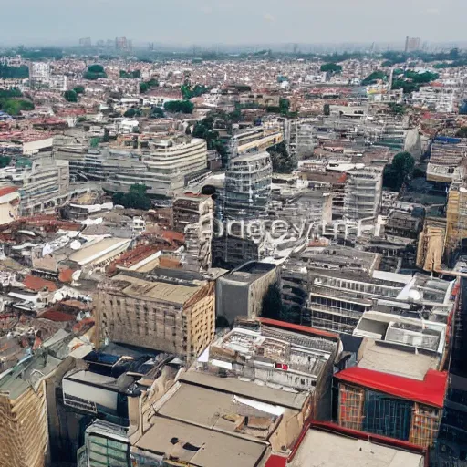 Prompt: developed country view from top of building.