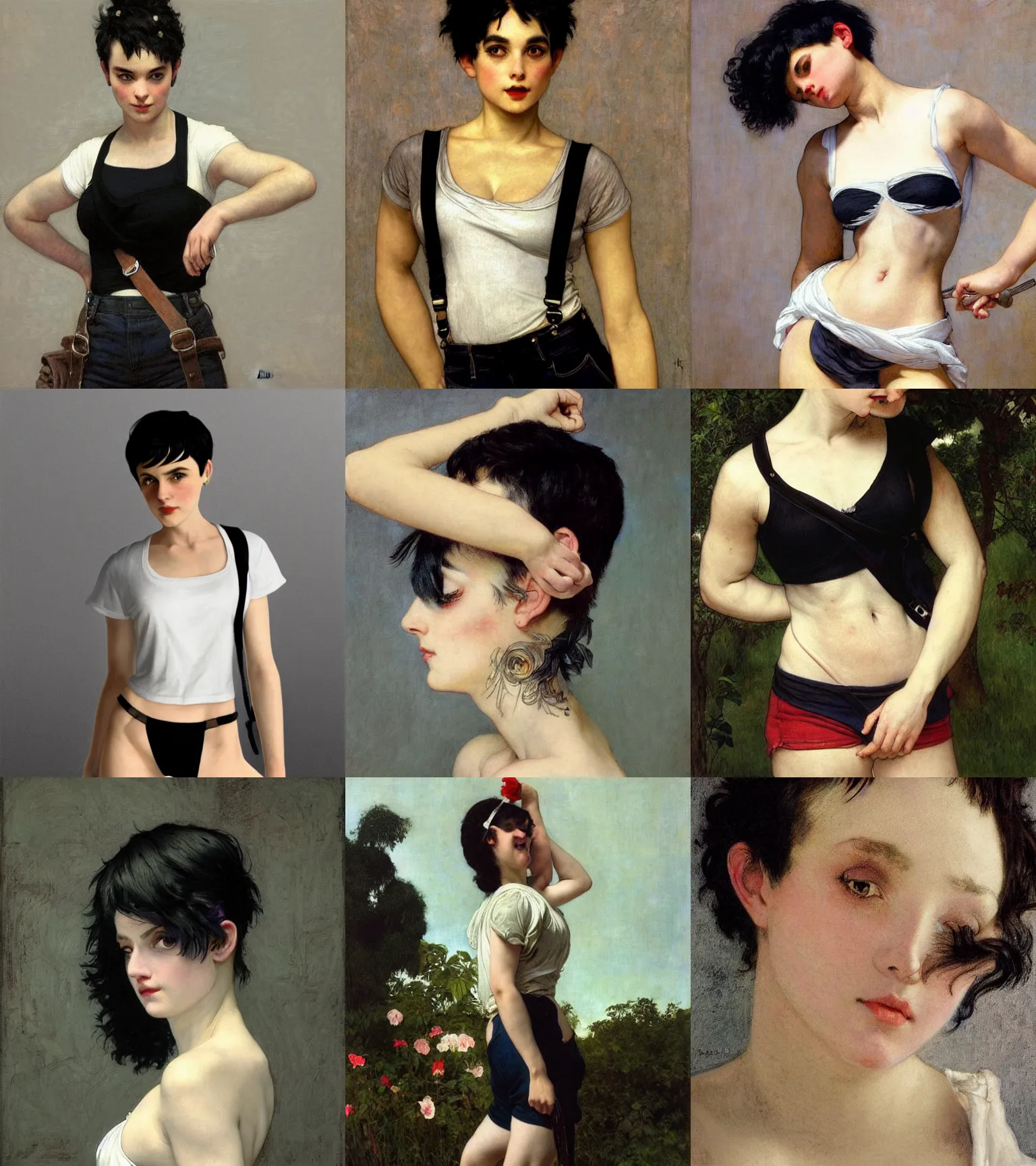 Prompt: woman with black hair pixie cut in shorts with suspenders and white t-shirt drawn by Alexandre Cabanel, norman rockwell, peter paul rubens, caravaggio, frank frazetta, alphonse mucha, gustav klimt 4k, unreal 5, DAZ, french noveau, trending on artstation, octane render, hyperrealistic