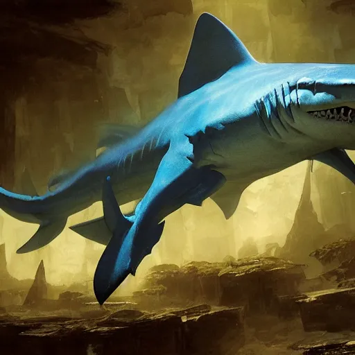 Image similar to blue crocodile shark hybrid, epic fantasy style art by Craig Mullins, fantasy epic digital art, epic fantasy card game art by Greg Rutkowski