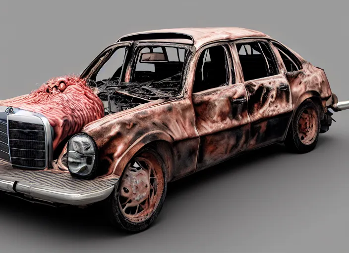 Image similar to a big woman intertwined axolotl in burning wrecked mercedes 1 2 4, ultrafine hyperdetailed illustration by kim jung gi, masterpiece. rendered in blender, smooth shadows, ultra detail, high resolution, unreal 6, 8 k