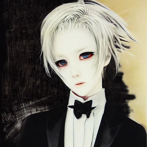 Image similar to Yoshitaka Amano realistic illustration of an anime girl with short white hair and black eyes wearing tuxedo, abstract black and white background, film grain effect, highly detailed, Renaissance oil painting