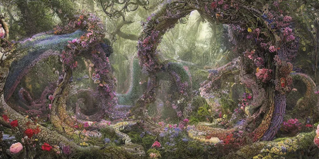 Prompt: hyperdetailed arch made of flowers and snakes in a forest, epic, rendered in octane, painted by alan lee, moebius, giovanni ghisolfi and jan baptist weeniux gateway to fairyland