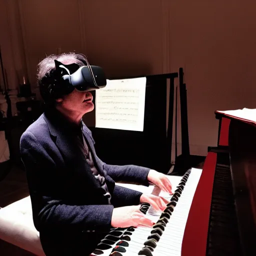 Image similar to beethoven composing at the piano, wearing a vr headset, dim lighting, dark room, candle light