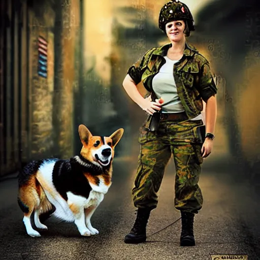 Image similar to female soldier with corgi sniffer dog, old photograph in sci-fi city digital art