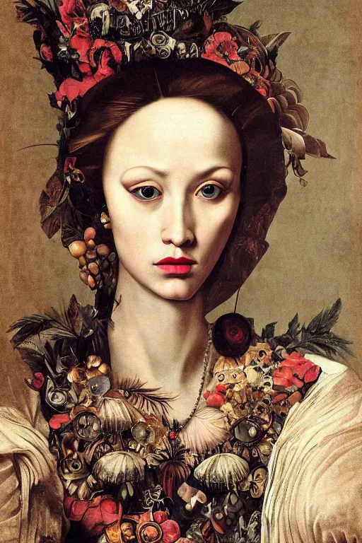 Image similar to Detailed maximalist portrait with large lips and with large eyes, sad expression, HD mixed media, 3D collage, highly detailed and intricate illustration in the style of Caravaggio, dark art, baroque