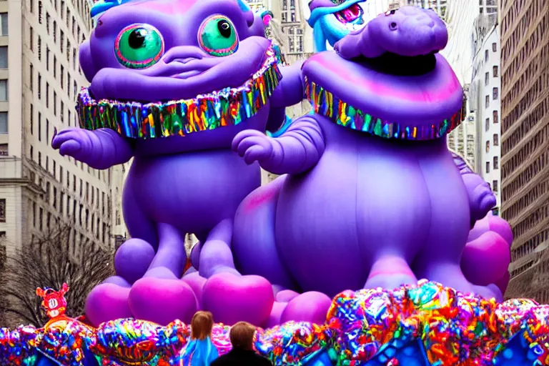 Image similar to photo of giant cute elaborate parade float character designed by ( ( ( ( ( ( ( ( lisa frank ) ) ) ) ) ) ) ) and giger!!!!!!!!!!!!!!, in the macys parade, detailed 4 k photo,