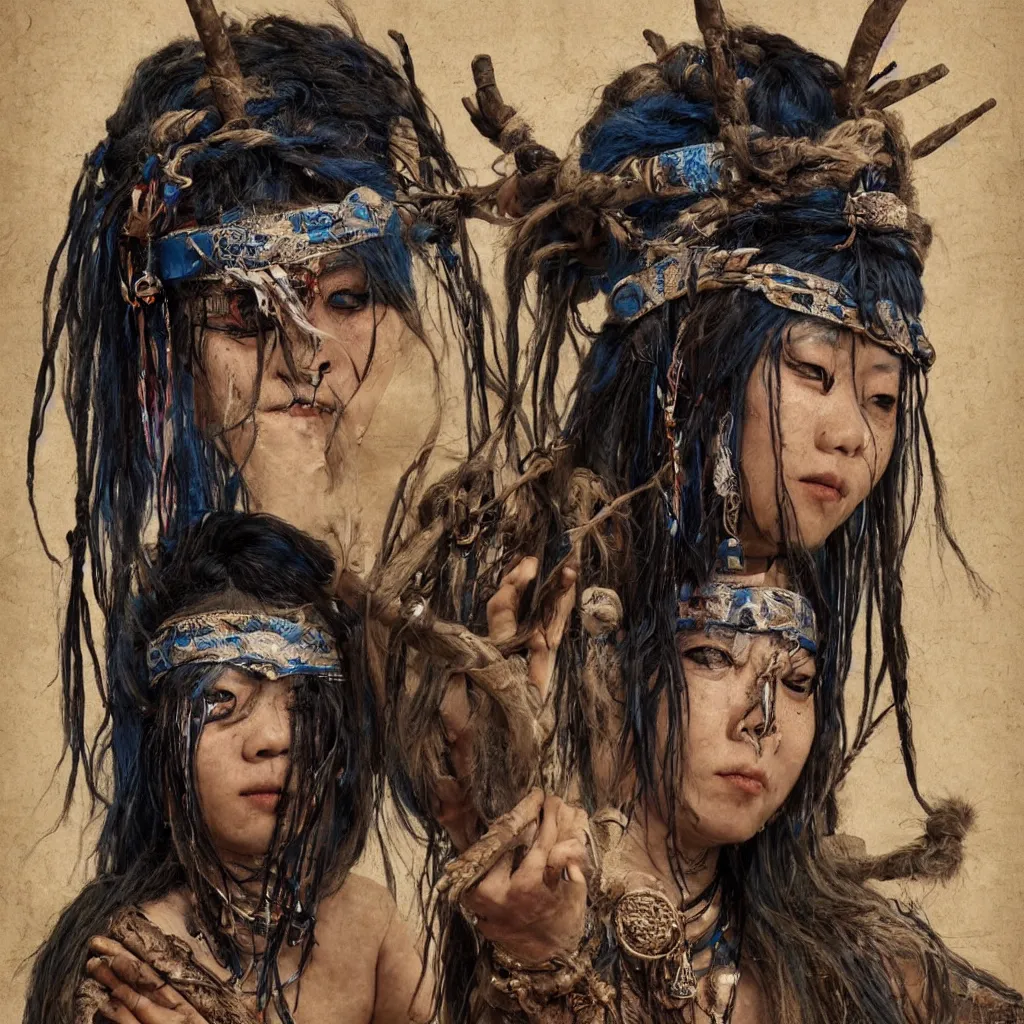 Image similar to A young blindfolded shaman japanese woman with a decorated headband performing a pagan ritual, in the style of heilung, blue hair dreadlocks and wood on her head, tribal piercing and tatoos , atmospheric lighting, intricate detail, cgsociety, ambient light, dynamic lighting, art by karol bak