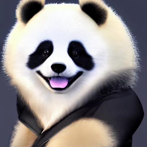 Image similar to a photorealistic image of a charismatic panda style Pomeranian puppy dressed in a stylish black leather jacket Trending on Artstation, featured on Behance, well-rendered, Unreal Engine, 4K HD