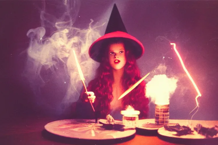 Image similar to close up portrait, dramatic lighting, teen witch aggressively pointing a magic wand casting a spell over a table, fireworks, cat on the table in front of her, sage smoke, magic wand, a witch hat cloak, apothecary shelves in the background 1 9 7 0's photo, polaroid, damaged film