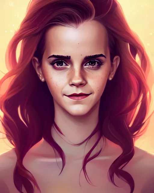 Image similar to a portrait of a beautiful full body Emma Watson smiling, pretty gold and red dress, art by lois van baarle and loish and ross tran and rossdraws and sam yang and samdoesarts and artgerm, digital art, highly detailed, intricate, sharp focus, Trending on Artstation HQ, deviantart, unreal engine 5, 4K UHD image