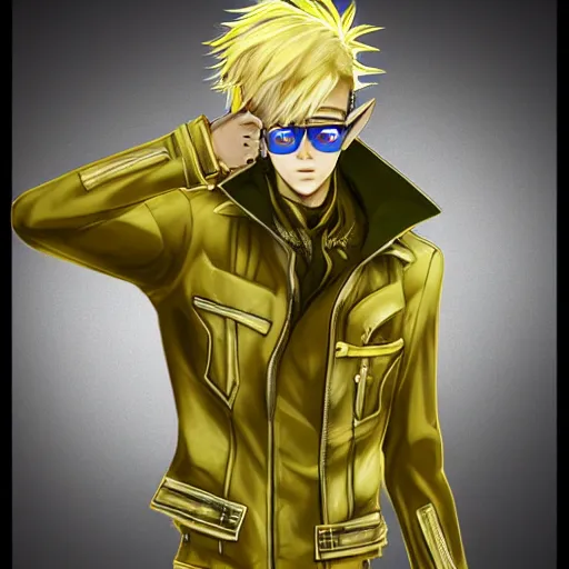 Prompt: elven male, shaggy blonde hair. Wearing modern yellow leather jacket and blue camouflage pants, glasses. Modern, concept art, Akikazu Mizuno, phantasy star online, anime