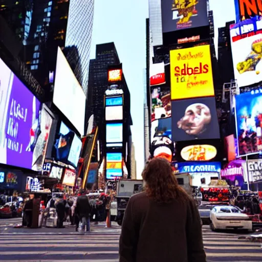 Prompt: a neanderthal confused in times square